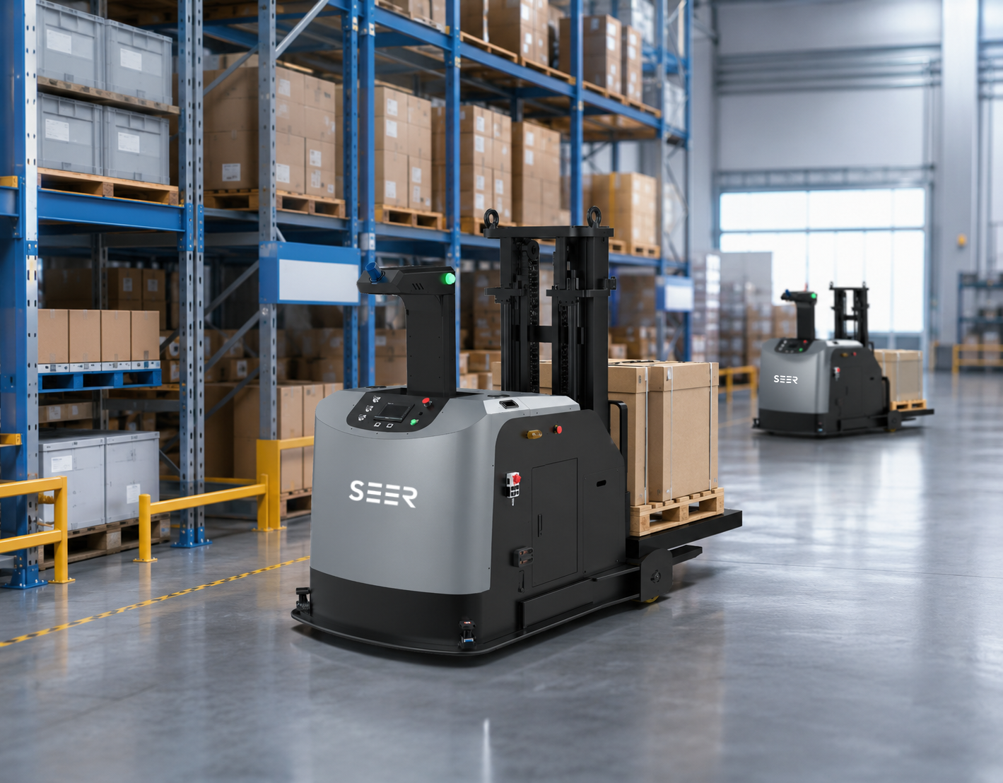 Warehouse robotics equipment in a modern distribution center